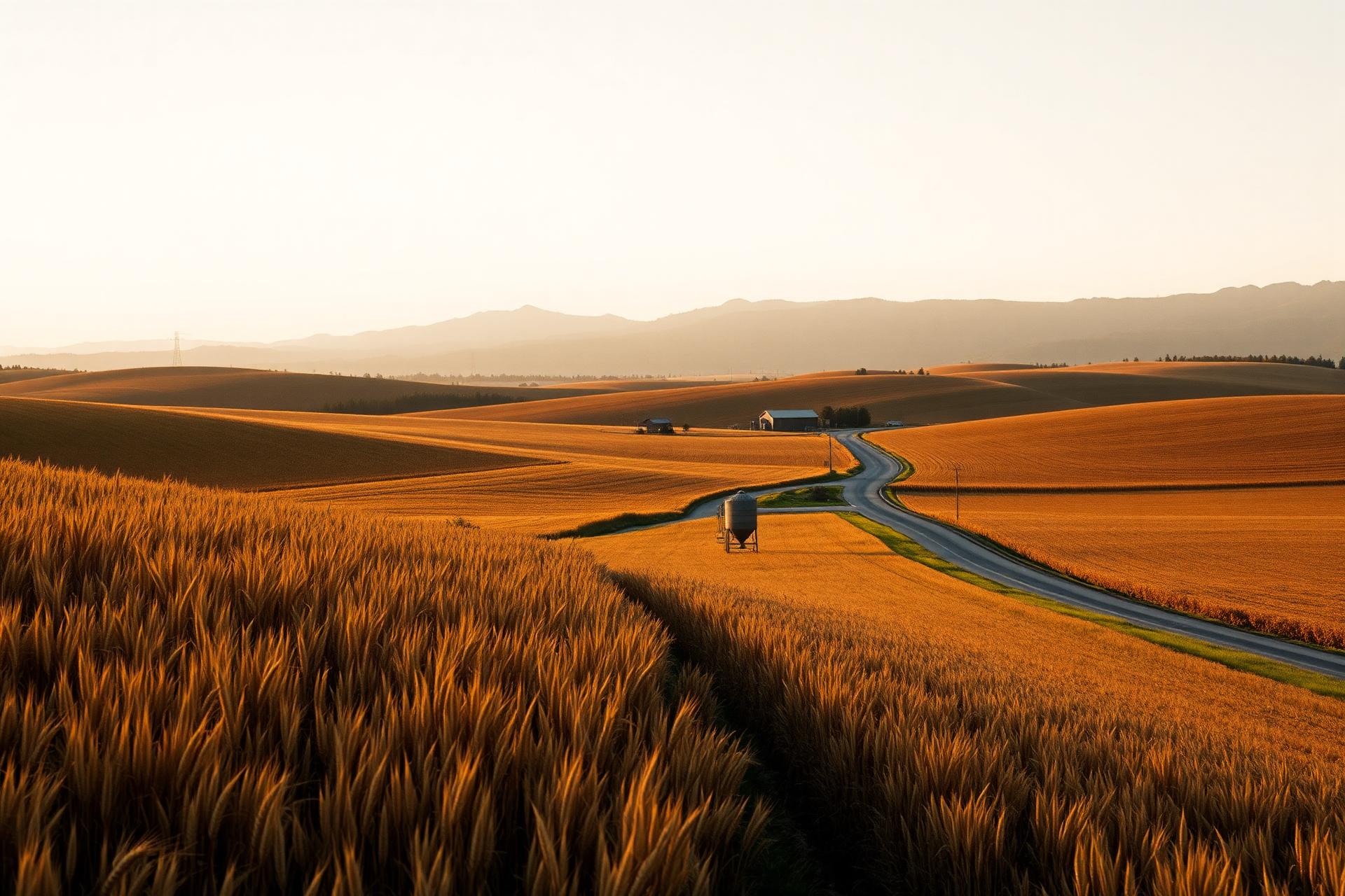 Rolling farmland at golden hour with a winding rural road